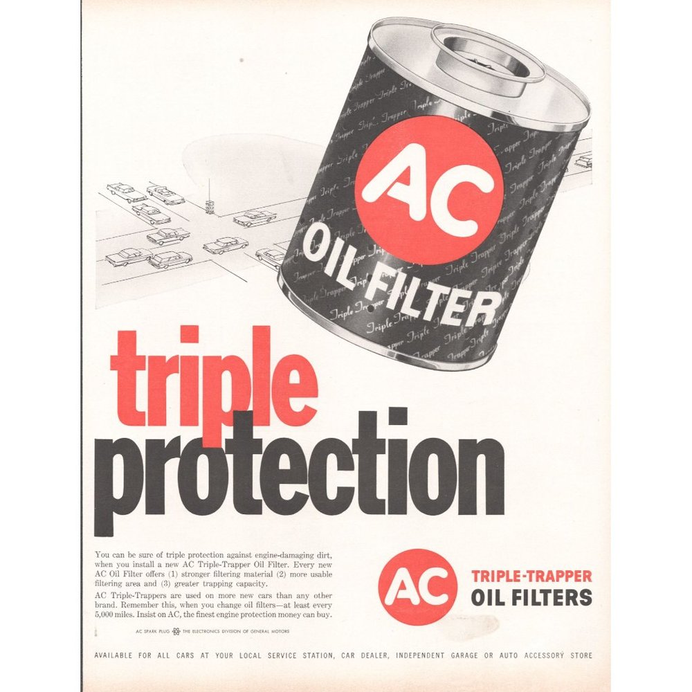 1960 AC Triple Trapper Oil Filter Vintage Print Ad Mechanic Classic Car Wall Art